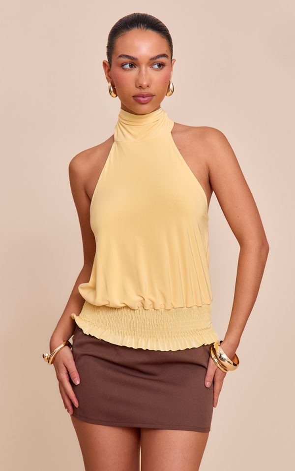 Butter Yellow Double Layer Slinky Shirred Hem Halterneck Top