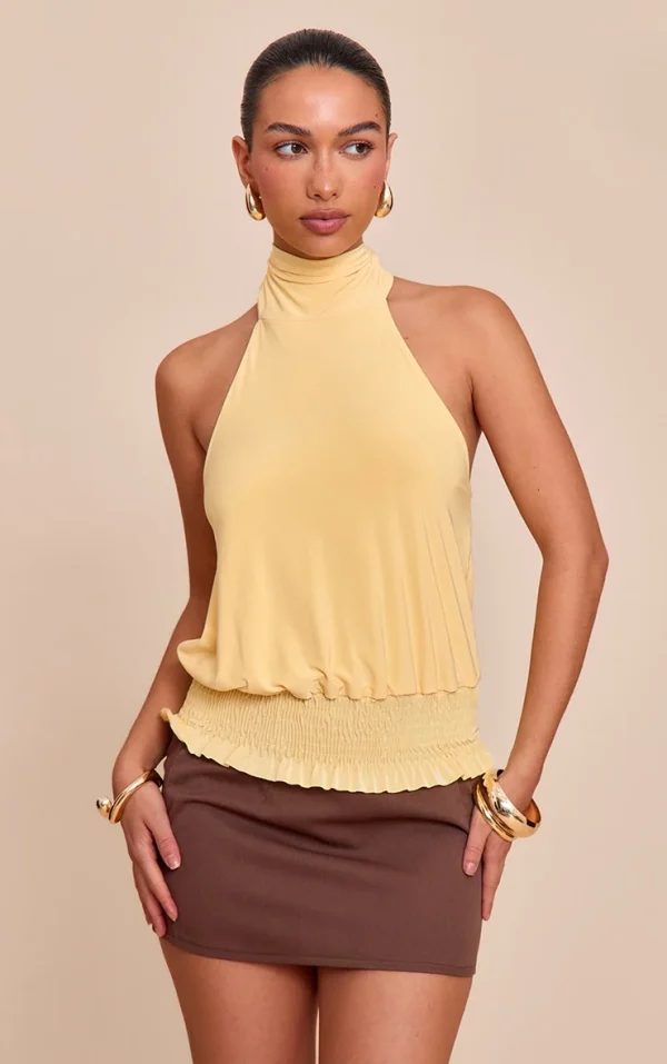 Butter Yellow Double Layer Slinky Shirred Hem Halterneck Top