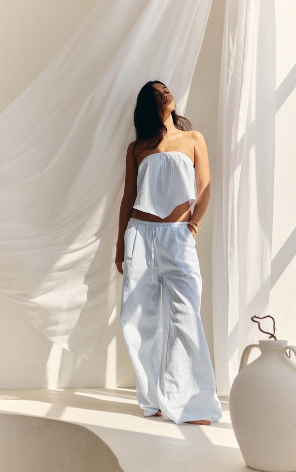 Blue Pinstriped Mid Rise Wide Leg Pants