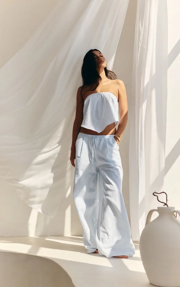 Blue Pinstriped Mid Rise Wide Leg Pants