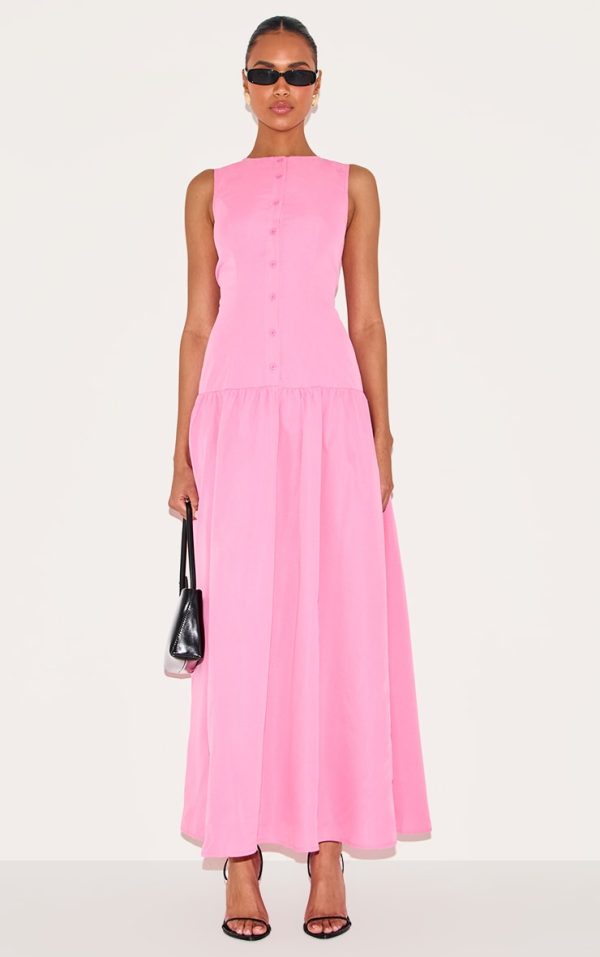 Candy Pink Button Down Drop Waist Maxi Dress