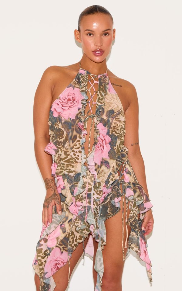 Plus Brown Leopard Print Chiffon Frill Detail Bralet