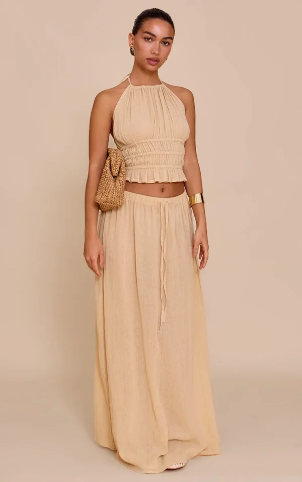 Sand Mid Rise Textured Maxi Skirt
