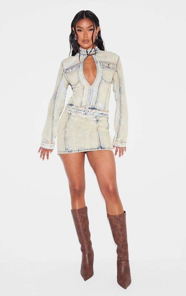 Light Blue Acid Wash Seam Detail Denim Mini Skirt