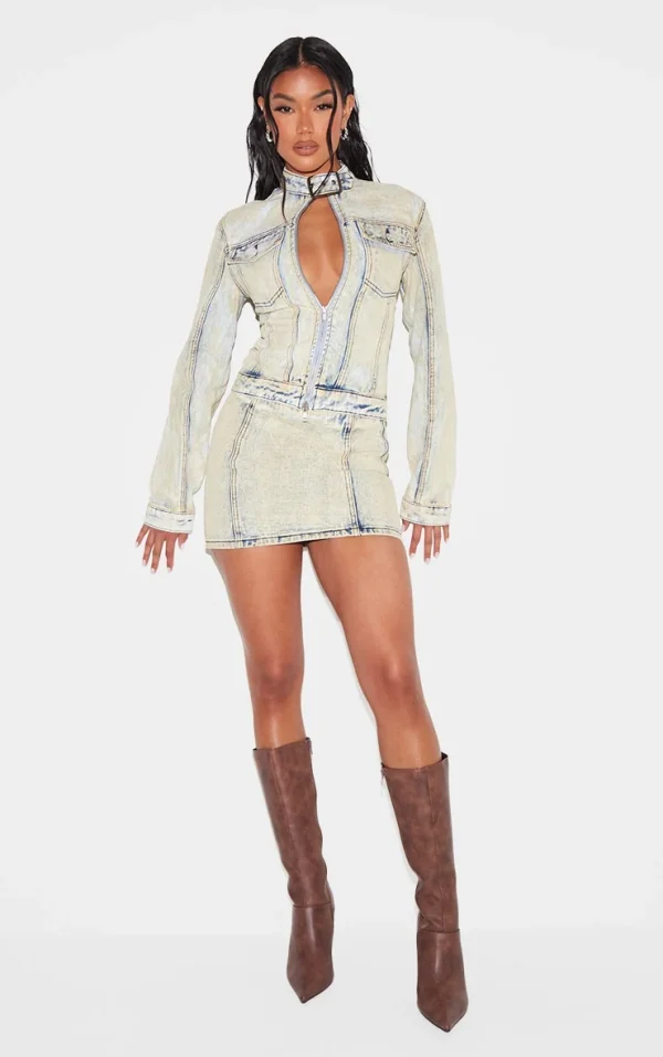 Light Blue Acid Wash Seam Detail Denim Mini Skirt