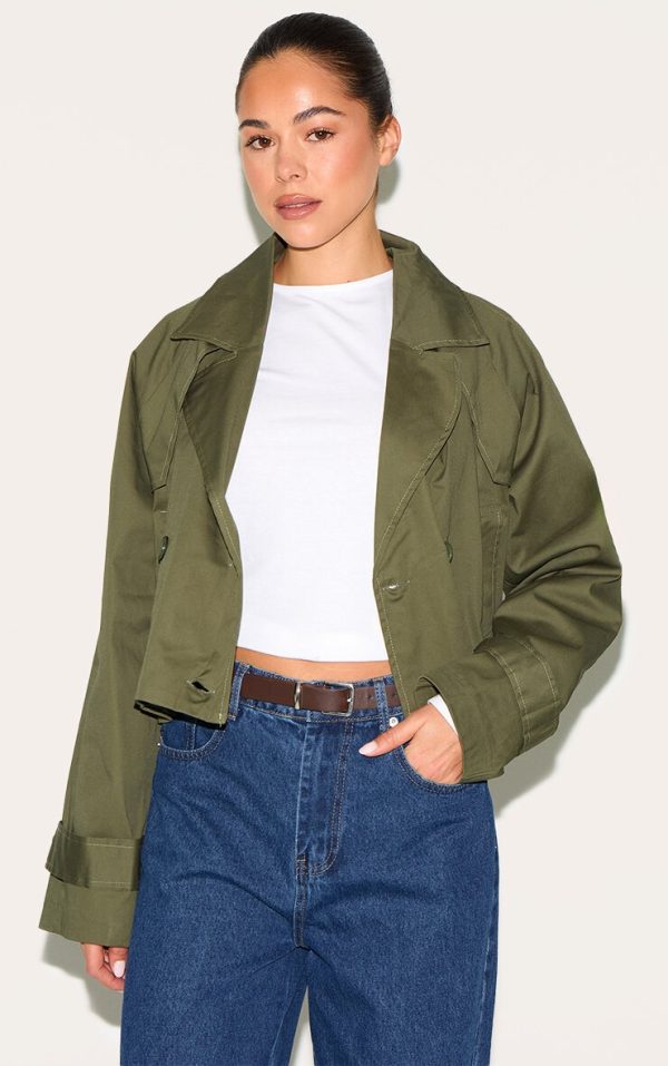 Khaki Cropped Storm Flap Detail Trench Coat