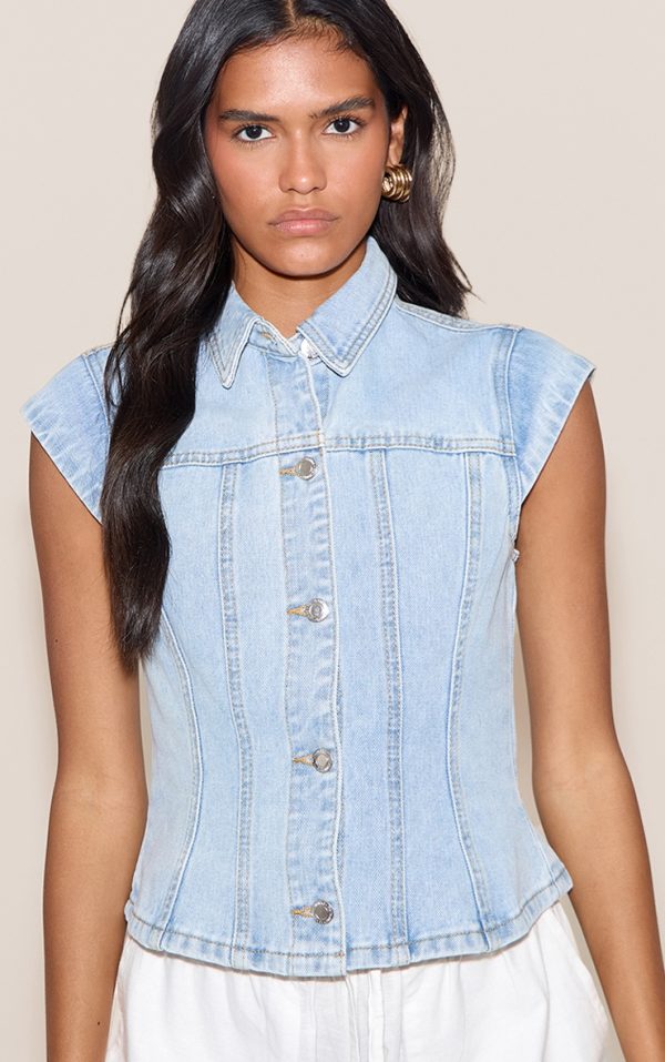 Light Blue Cap Sleeve Cinch Denim Shirt