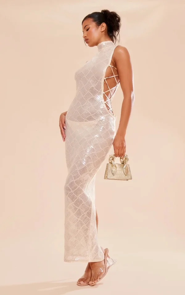 Gold Patterned Sequin Lace Up Side High Neck Midaxi Dress