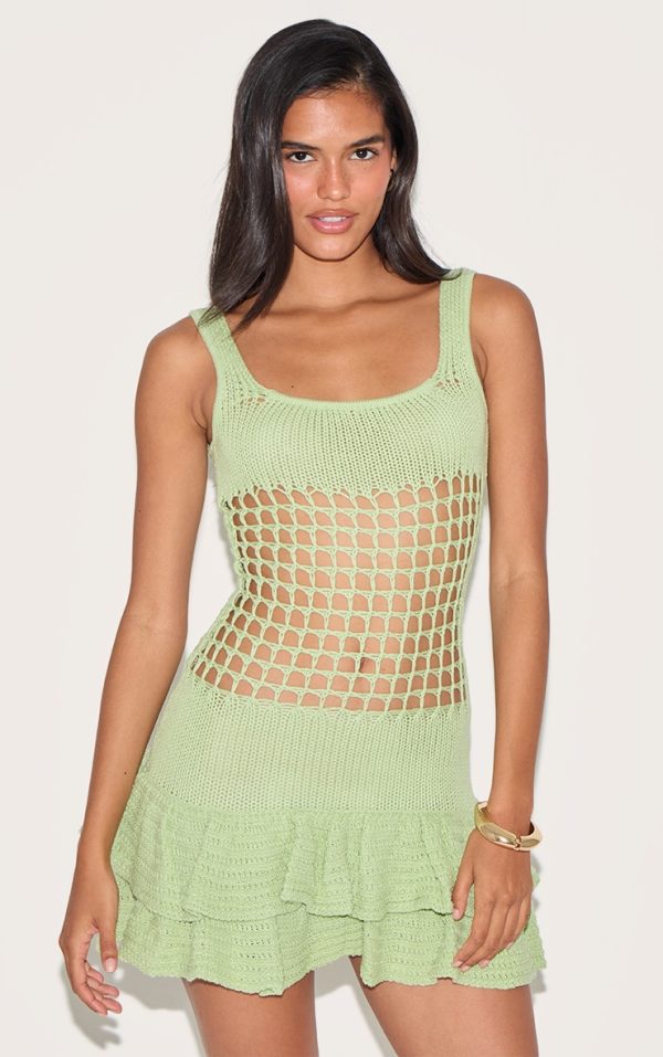 Light Lime Crochet Double Frill Hem Dress