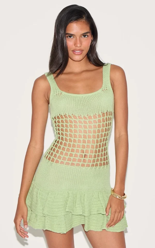 Light Lime Crochet Double Frill Hem Dress