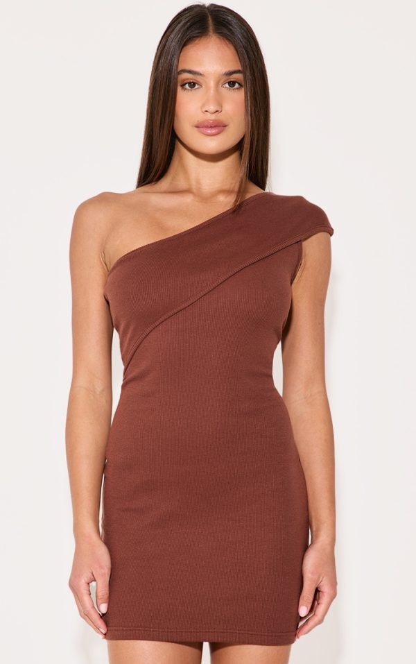 Chocolate Rib Fold One Shoulder Mini Dress