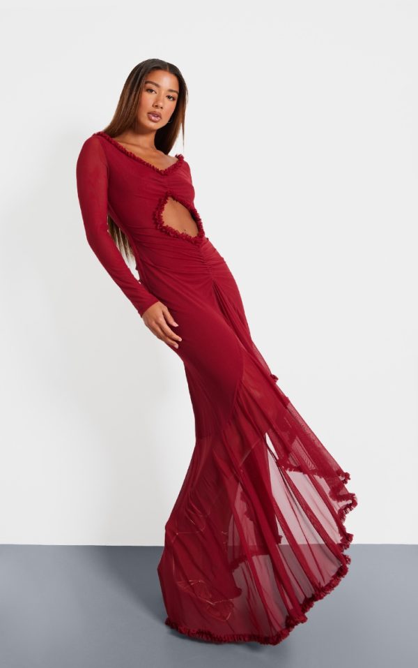 Burgundy Mesh Long Sleeve Frill Detail Cut Out Maxi Dress