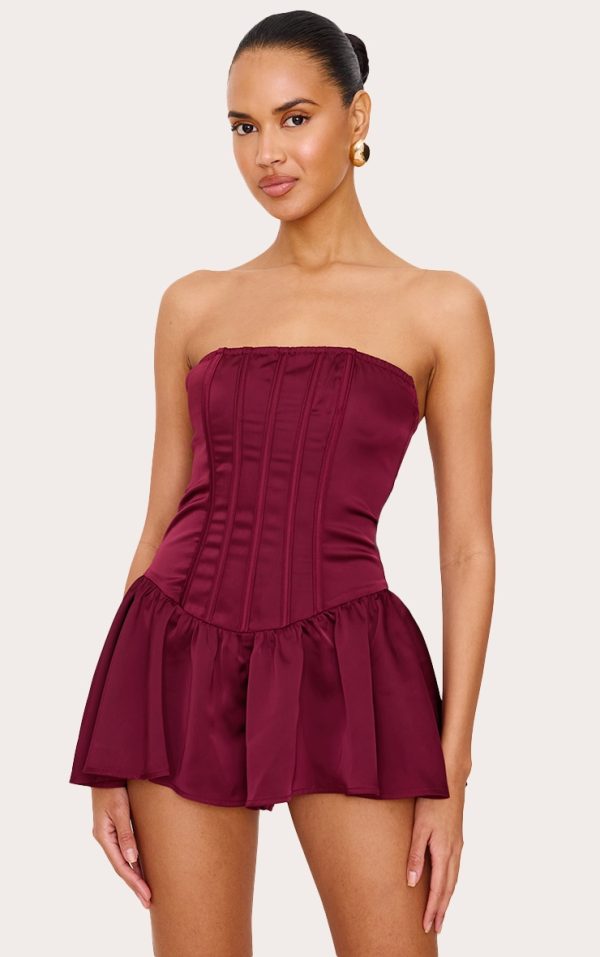 Burgundy Satin Corset Detail Bandeau Romper