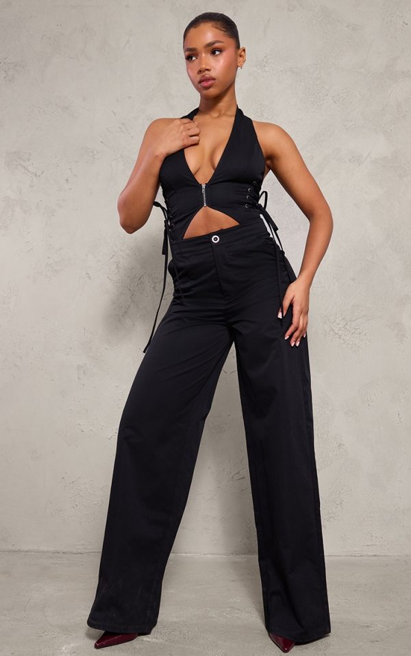 Black Woven Halter Zip Detail Lace Up Jumpsuit