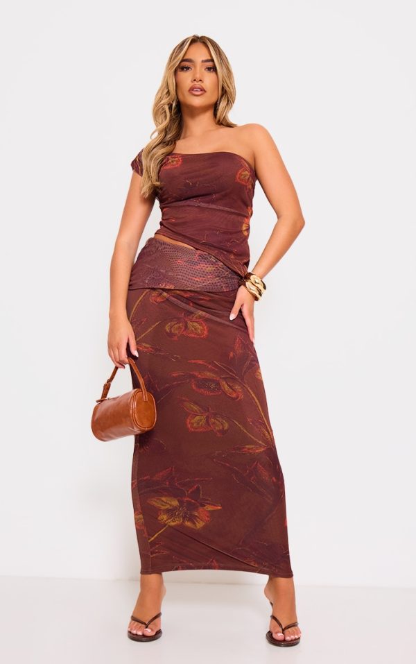 Brown Floral Print Low Rise Maxi Skirt