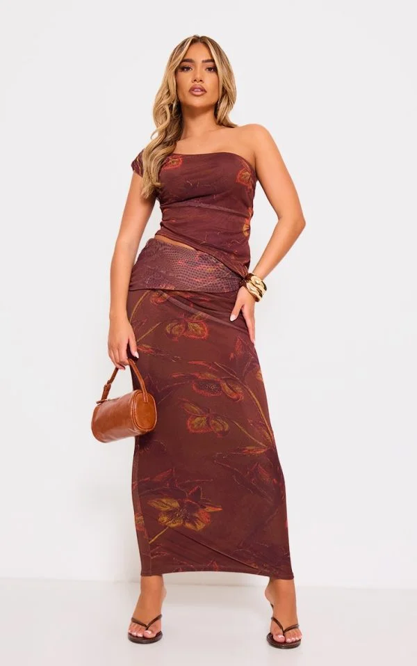 Brown Floral Print Low Rise Maxi Skirt