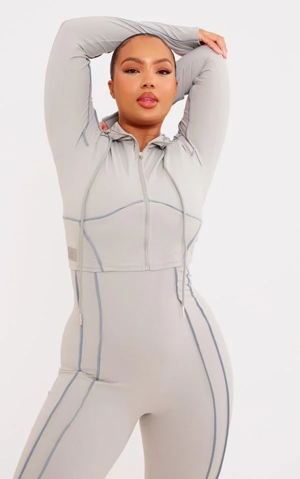 Plus Grey Sculpt Contrast Seam Crop Gym Jacket