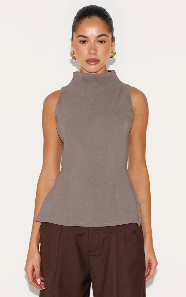 Mushroom Bengaline High Neck Waist Detail Long Top
