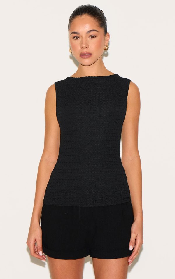 Black Textured Boat Neck Vest Top