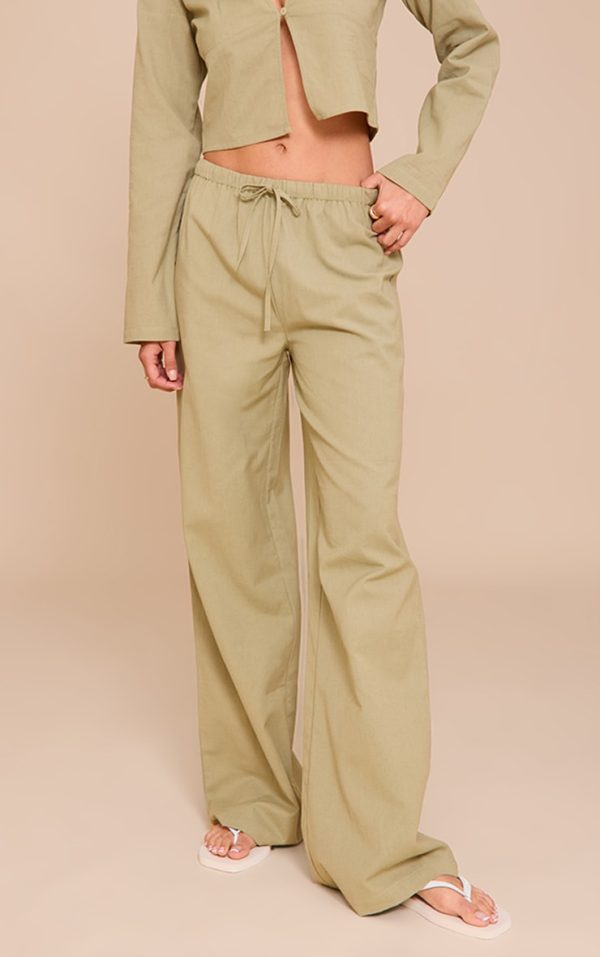 Khaki Wide Leg Drawstring Pants