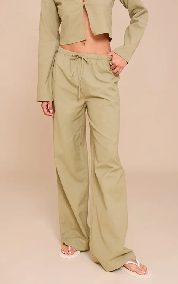 Khaki Wide Leg Drawstring Pants