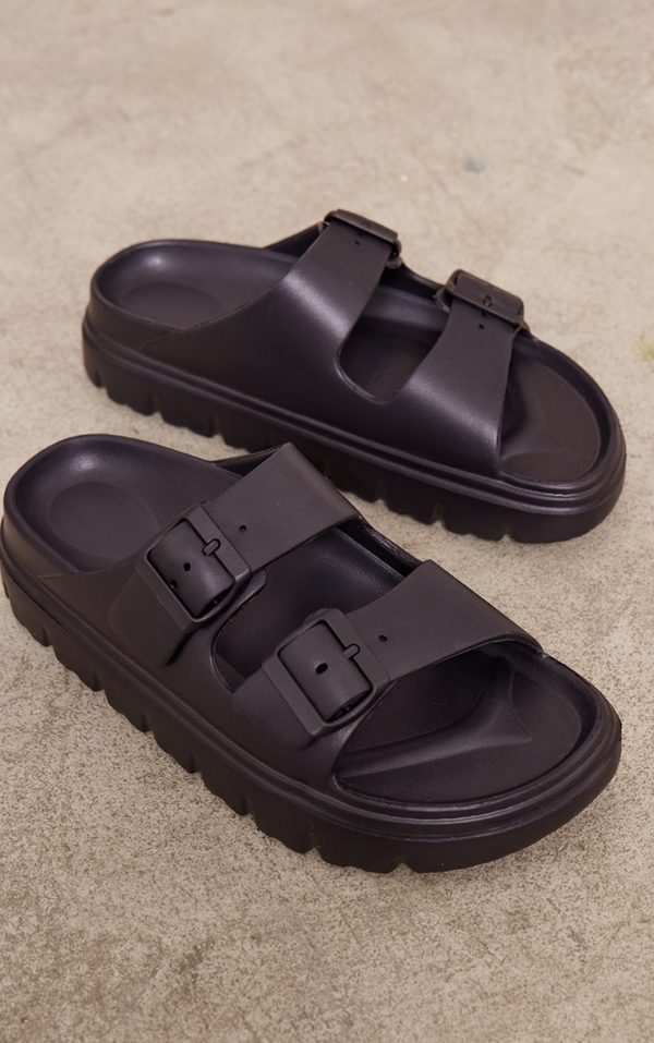 Black Round Toe Chunky Sole Buckle Detail Sandals