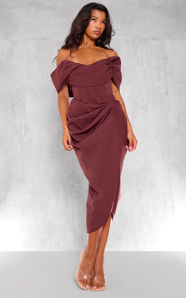 Chocolate Corset Bardot Draped Midi Dress