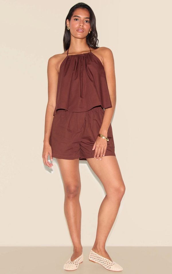 Chocolate Poplin Low Back Halterneck Top