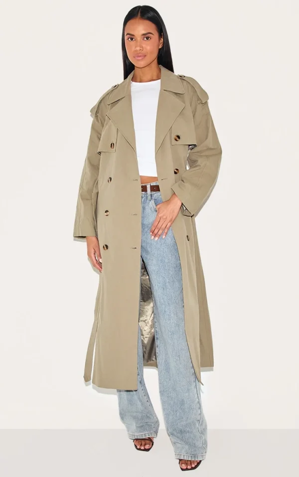 Khaki Belted Double Breasted Trench Coat