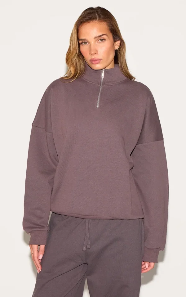 Charcoal Premium High Neck Quarter Zip Oversized Sweatshirt