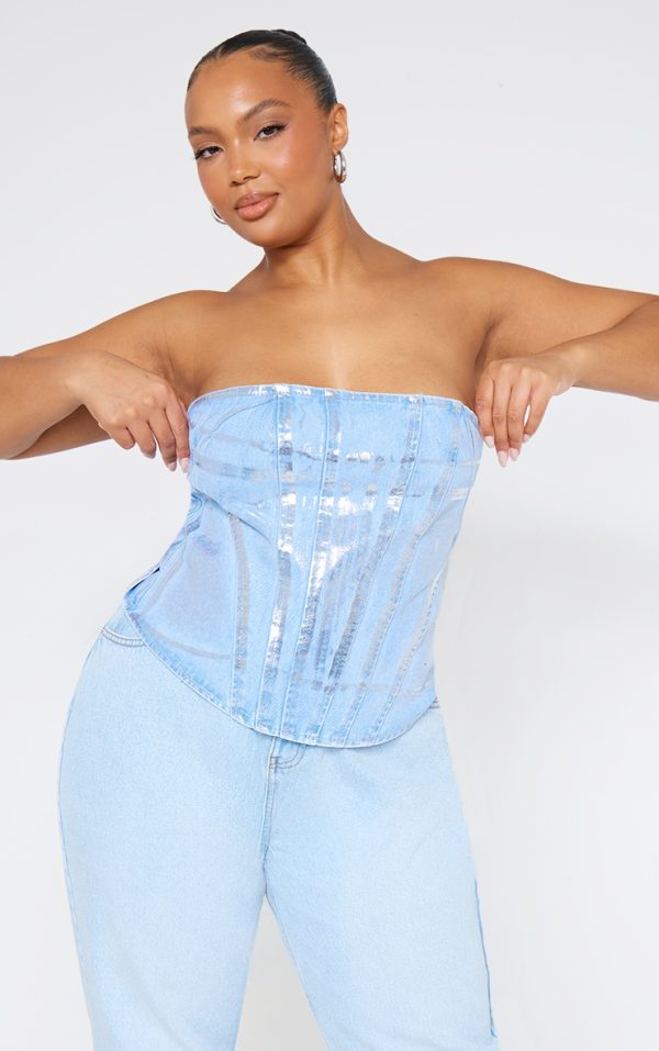 Plus Silver Washed Foil Denim Corset