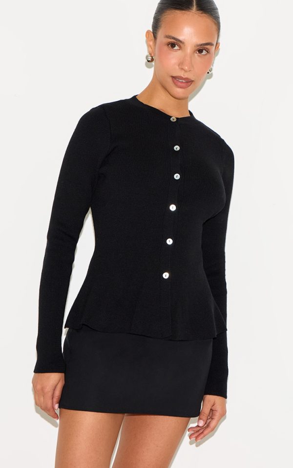 Petite Black Compact Knit Peplum Cardigan