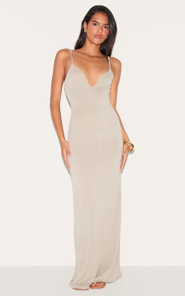 Khaki Modal V Neck Strappy Maxi Dress