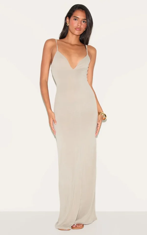 Khaki Modal V Neck Strappy Maxi Dress