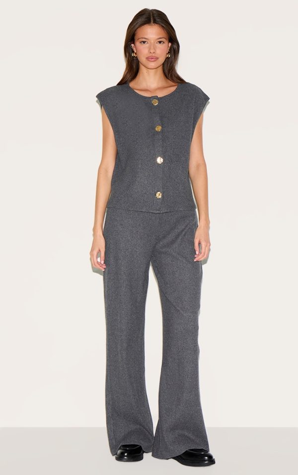 Dark Grey Brushed Rib Low Rise Straight Pants