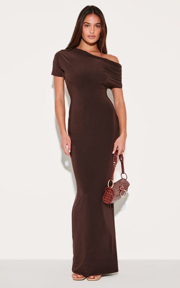 Dark Chocolate Double Layer Slinky Asymmetric Ruched Sleeve Maxi Dress