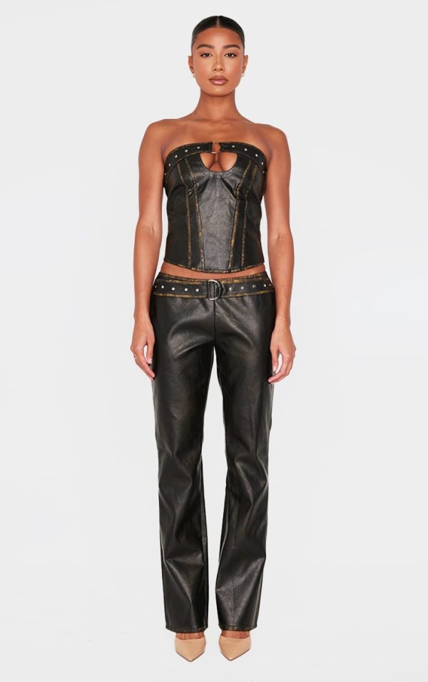 Brown Washed Faux Leather Belted Straight Leg Pant