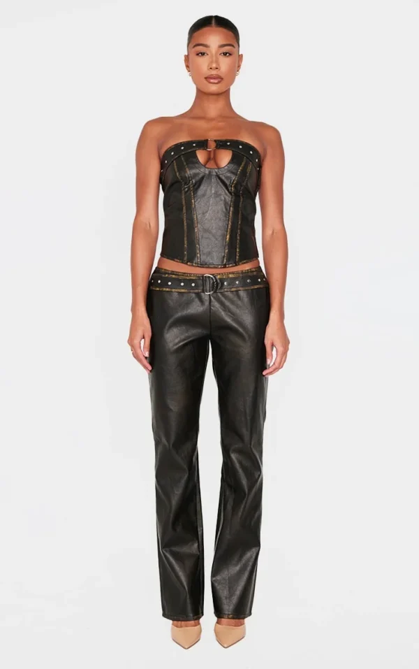 Brown Washed Faux Leather Belted Straight Leg Pant
