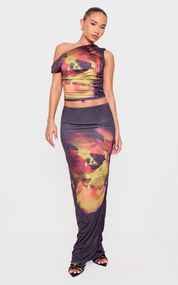 Petite Black Double Slinky Flower Print Maxi Skirt