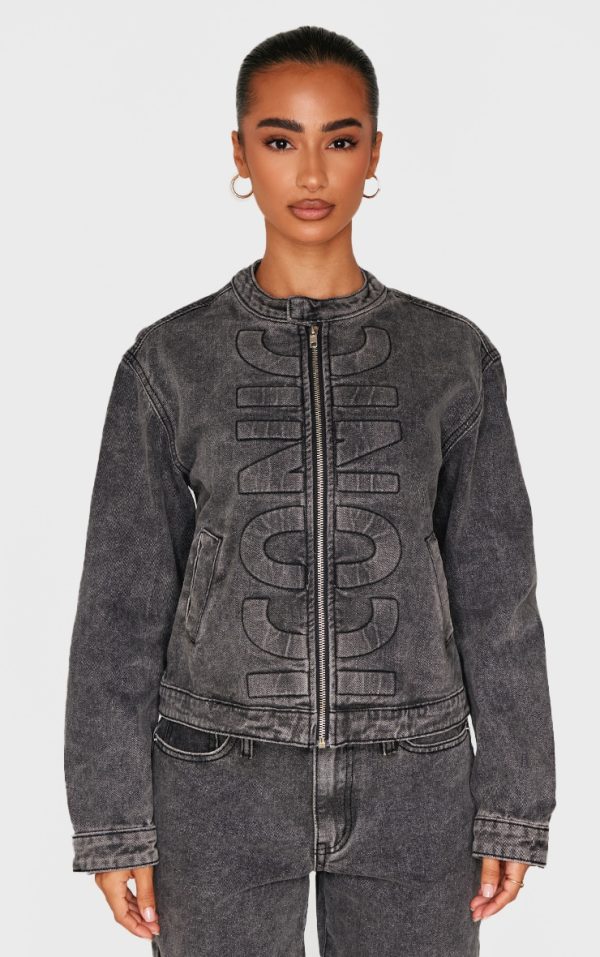 Petite Washed Black Iconic Embossed Denim Jacket