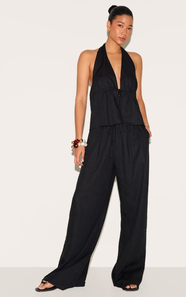 Black Linen Look Drawstring Wide Leg Pants