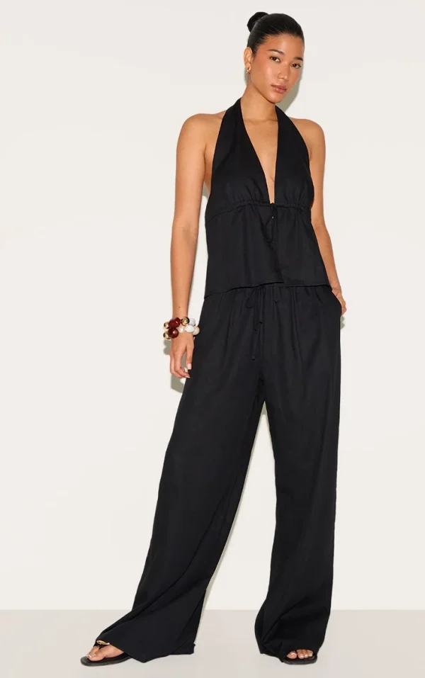 Black Linen Look Drawstring Wide Leg Pants