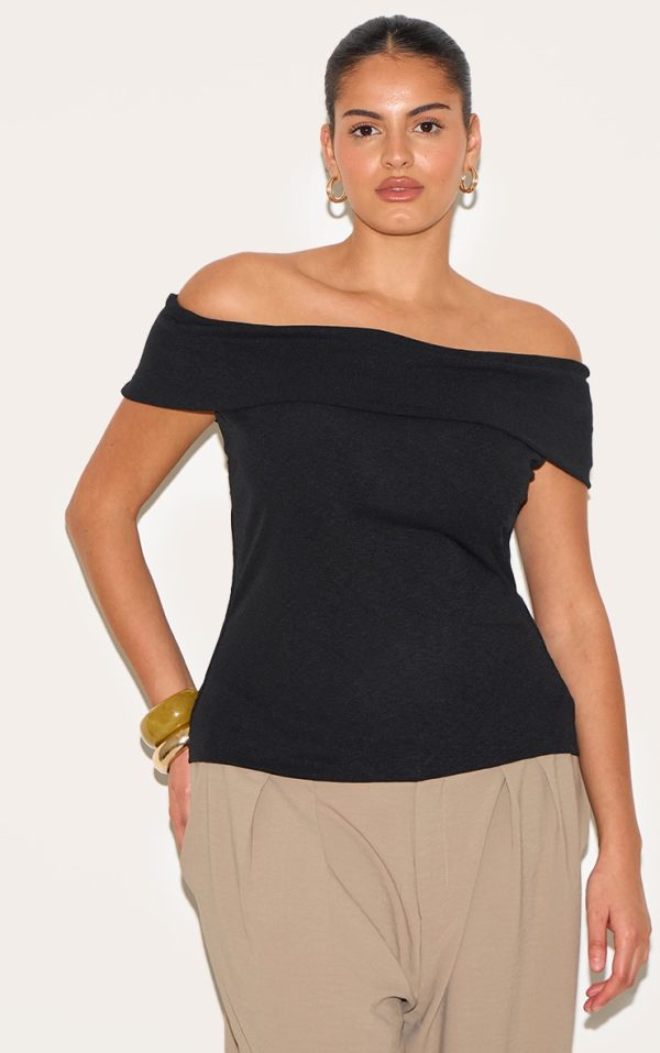 Plus Black Double Layer Burn Out Mesh Fold Over Bardot Top