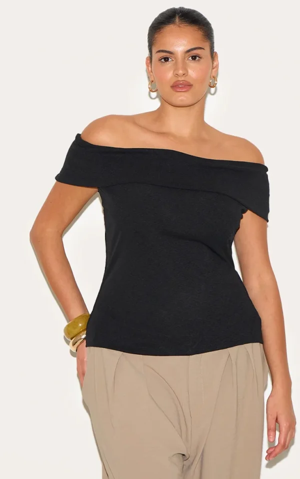 Plus Black Double Layer Burn Out Mesh Fold Over Bardot Top