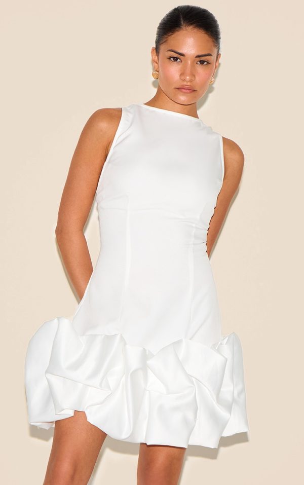 Petite White Satin Puffball Mini Dress