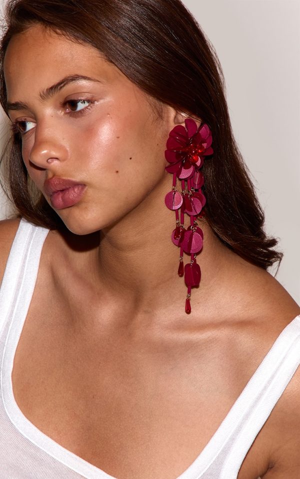 Bright Red Statement Floral Drape Earrings
