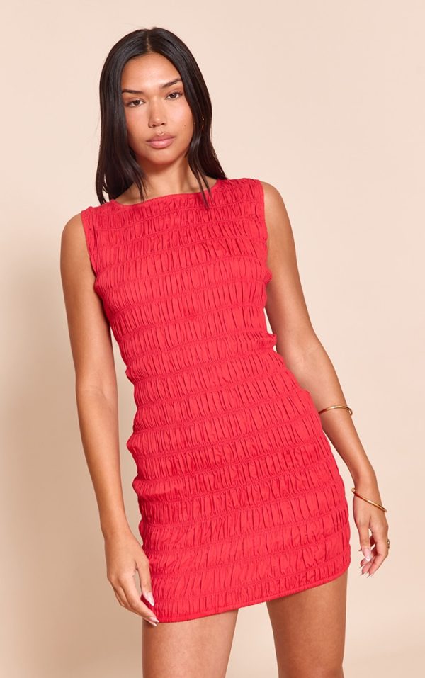 Red Boat Neck Shirred Bodycon Dress