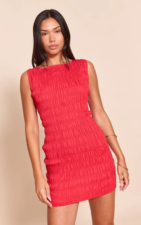 Red Boat Neck Shirred Bodycon Dress