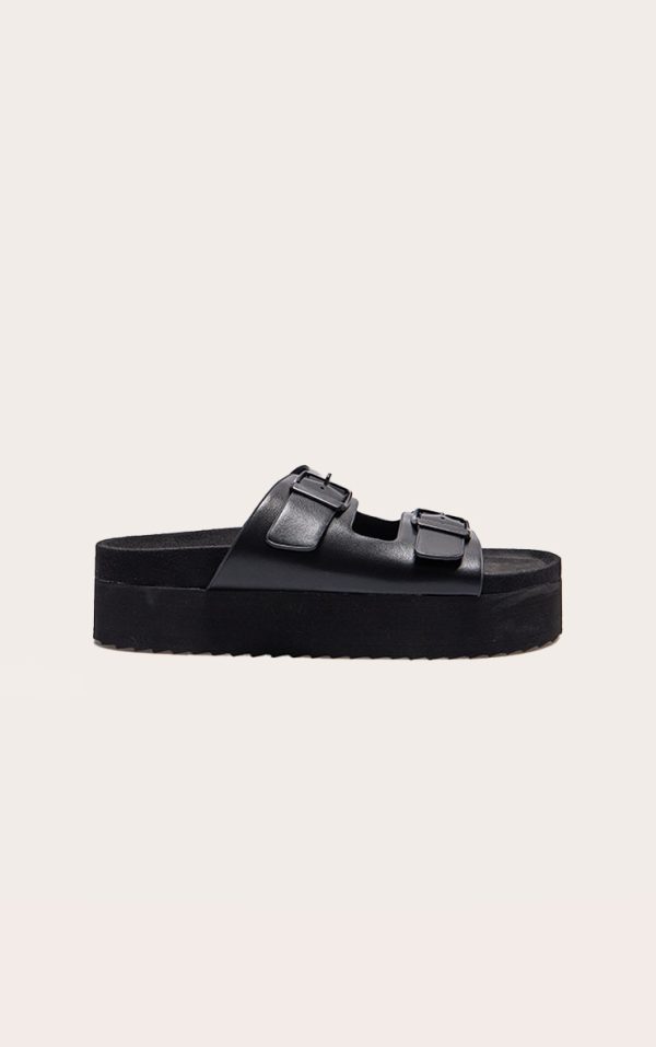 Black PU Round Toe Double Buckle Strap Chunky Flat Sandals