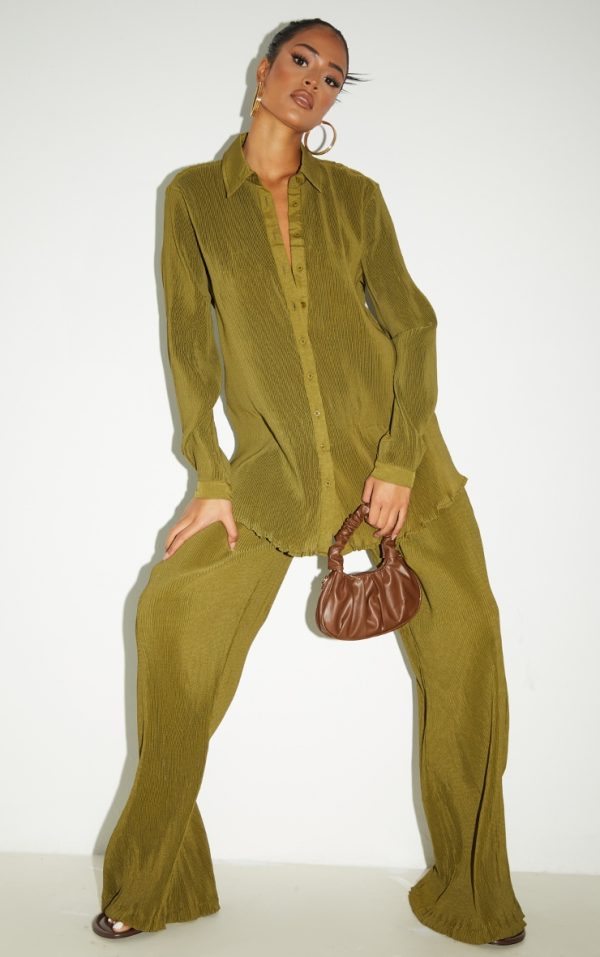 Tall Olive Plisse High Waisted Wide Leg Pants